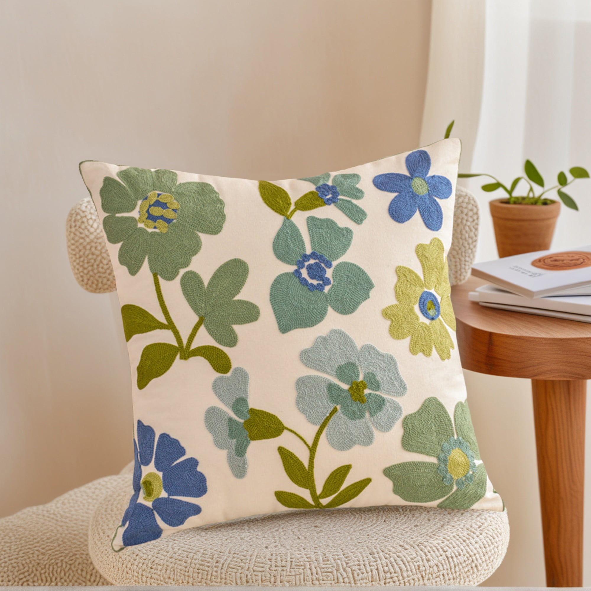 Unique Bargains Set of 2 Floral Embroidery Cotton Canvas Pillow Cover Blue Green