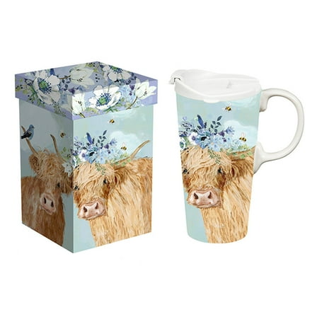 Ceramic Perfect Travel Cup, 17oz., w/ Gift Box, Brown Cows