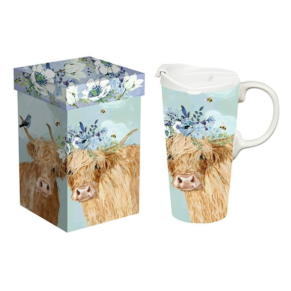 Ceramic Perfect Travel Cup, 17oz., w/ Gift Box, Brown Cows