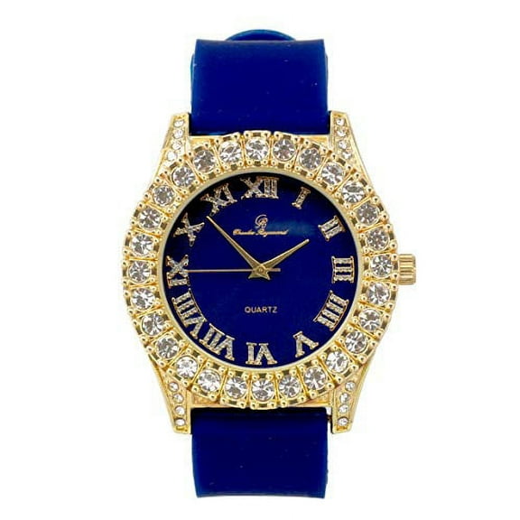 Mens Silver Big Rocks with Roman Numerals Fully Iced Out Colorful Dial Watch - ST10327 RN Single (ST10357 Gold Navy)