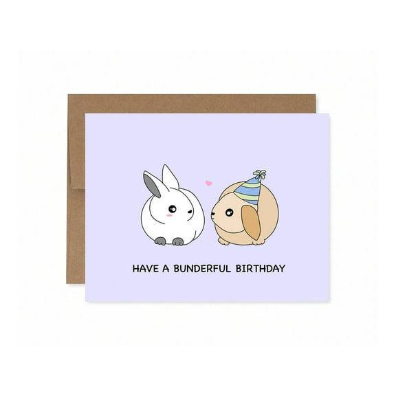 Cute Bunny Birthday Card – "Have a Bunderful Birthday" Design – Includes Envelope, Blank Inside – Perfect for Kids and Loved Ones
