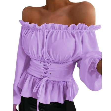 KBZDBZC Shirts for Women Long Sleeve Off Shoulder Flanged Casual Solid Color Shirt for Women Blouses Womens T Shirt Womens Tee Shirts (Purple L)