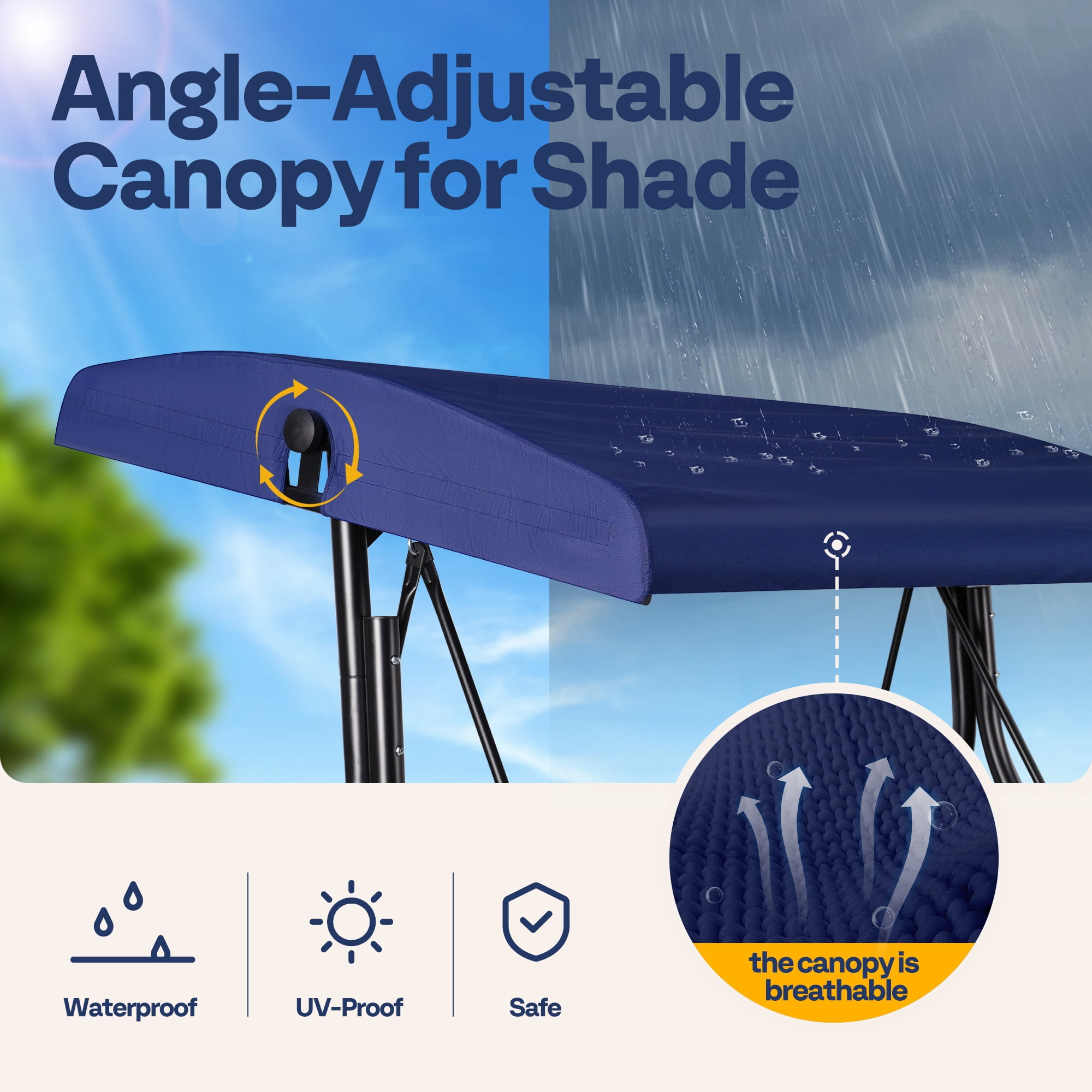 VIVOHOME Outdoor Converting Swing Chair 3-Seat with Canopy, Outdoor Porch Swing Chair with Stand - Navy Blue
