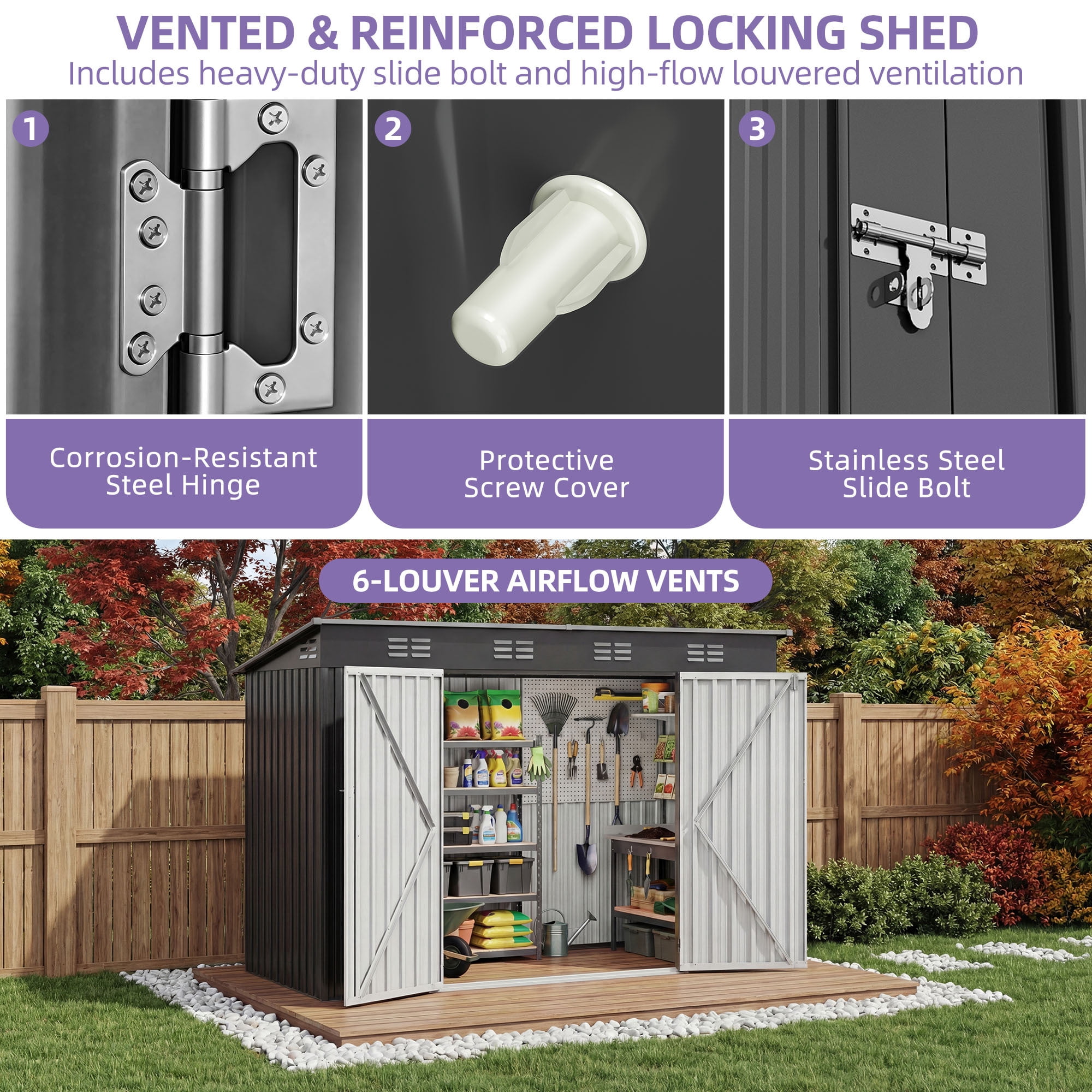 Uforic 8.5' x 3.5' Oversized Steel Outdoor Storage Shed, Heavy-Duty Tool Shed with Lockable Doors and Sloped Roof, Multipurpose Storage for Garden Patio Garage Backyard Lawn, Dark Gray