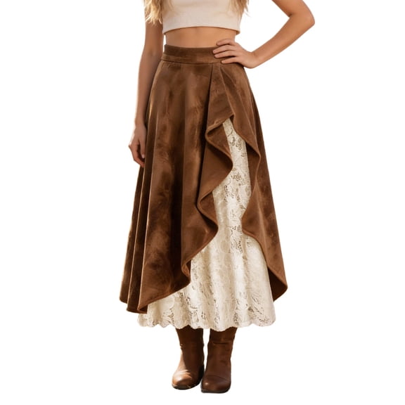 XAOFW Women's Skirts High Waist Patchwork Mid Length A Line Denim Skirt With Lace Inserts Club Party Stylish Comfortable Skirts