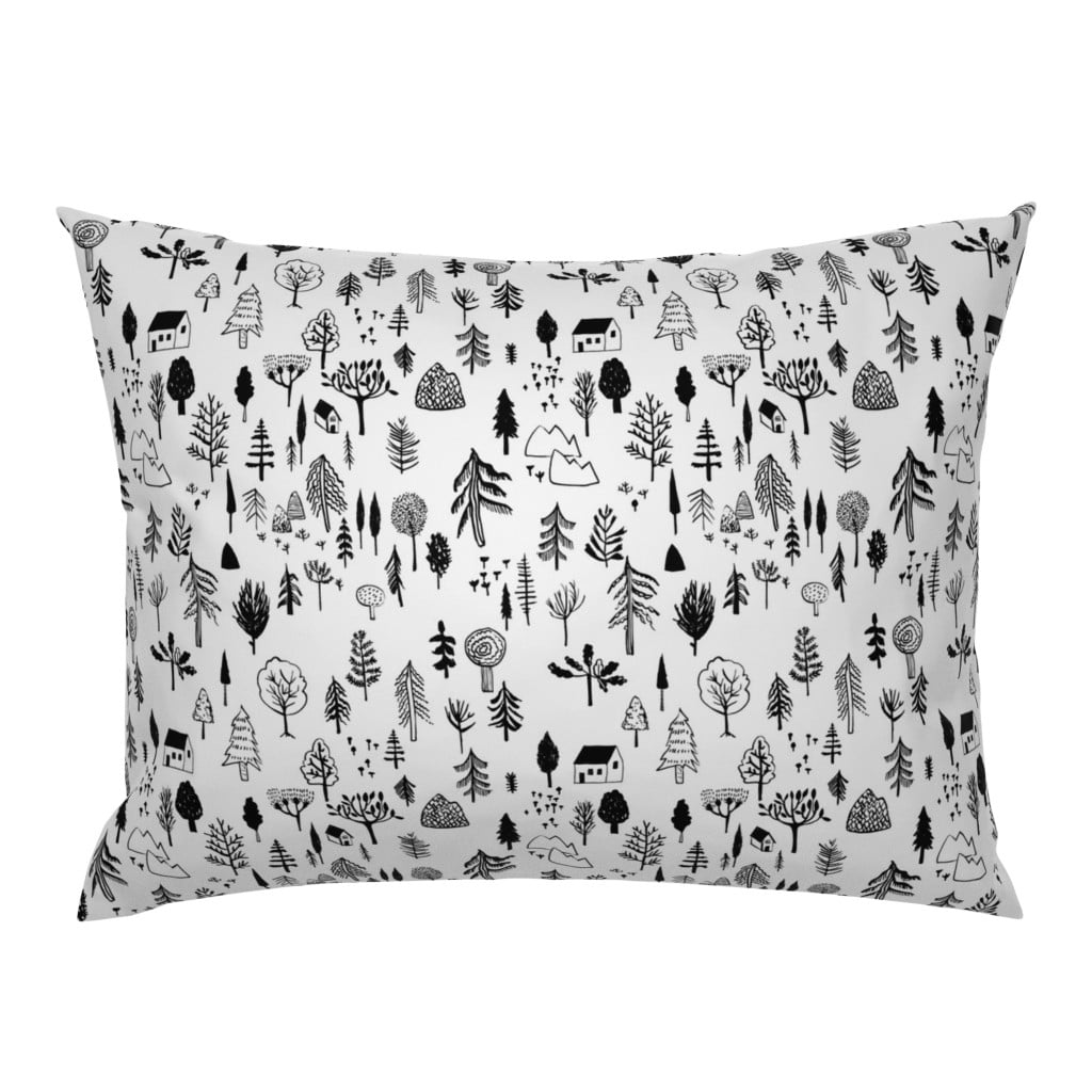 Cotton Sateen Sham, Standard Happy Forest Black White Tree Pine