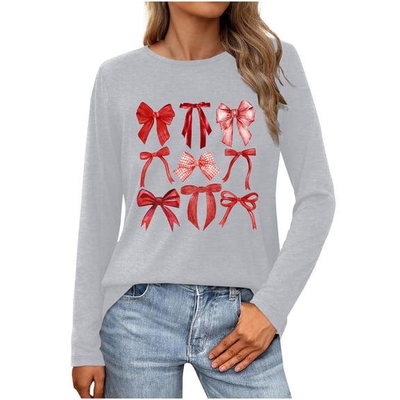 Erwazi Womens Long Sleeve Crew Neck Valentine T Shirts Love Bow Printed Casual Cute Tee Tops