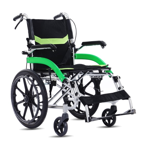 YEBEI Lightweight Foldable Transport Wheelchair, Double-Brake, Self-Propelled for Adults, 20 inch Large Rear Wheels, 230 lbs Weight Capacity, Green