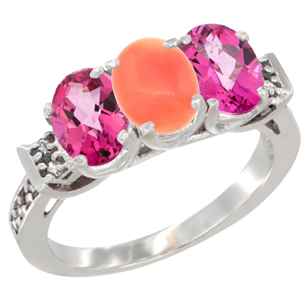 14K White Gold Natural Coral & Pink Topaz Sides Ring 3-Stone Oval 7x5 mm Diamond Accent, sizes 5 10 by WorldJewels