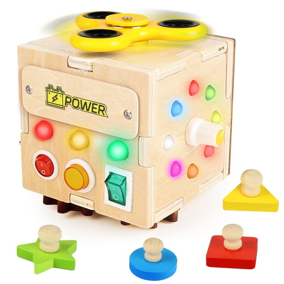 UUSUOO Busy Board with Led Light,Wooden Sensory Toys for Toddlers Boys Ages 1 2 3 Years Old, Educational Wooden Activity Cube,Travel Toys for 2 3 4   Year Old Boys & Girls Birthday Gift