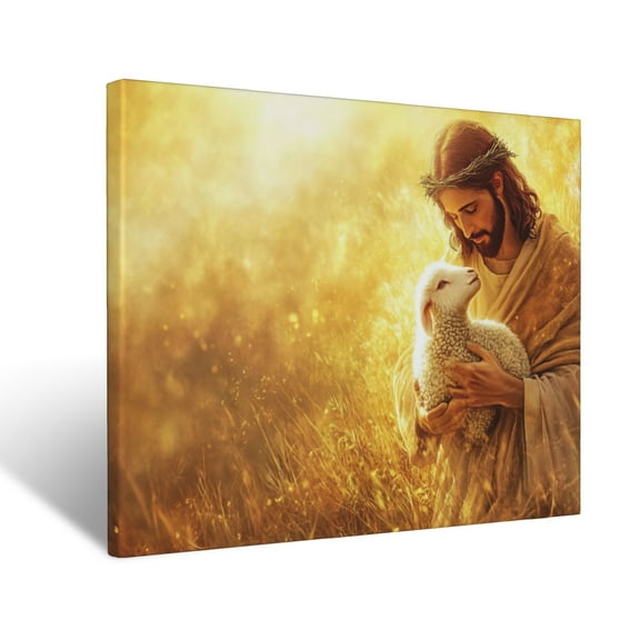 CozyNet Jesus Glowing As A Shepherd, Holding A Lamb In A Golden Field Of Divine Peace And Love Wall Art Prints With Frame Canvas Perfect for Living Room & Bedroom, Ready to Hang, Wall Decor 12"x16"