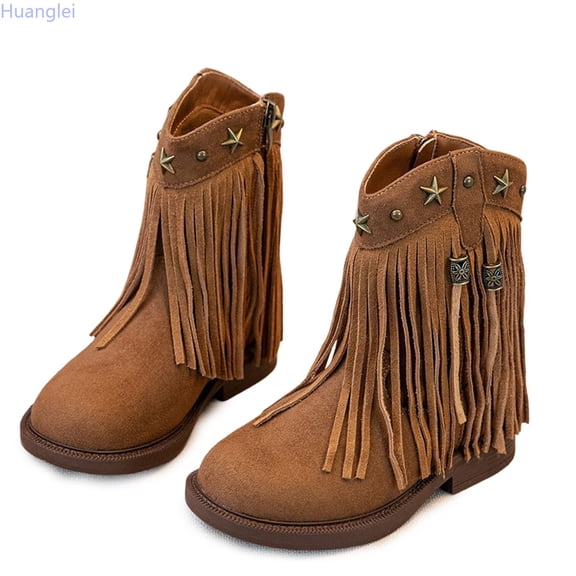 Huanglei Girl's Fringe Tassel Ankle Boots Star Stud Back Zipper Boots(Brown)