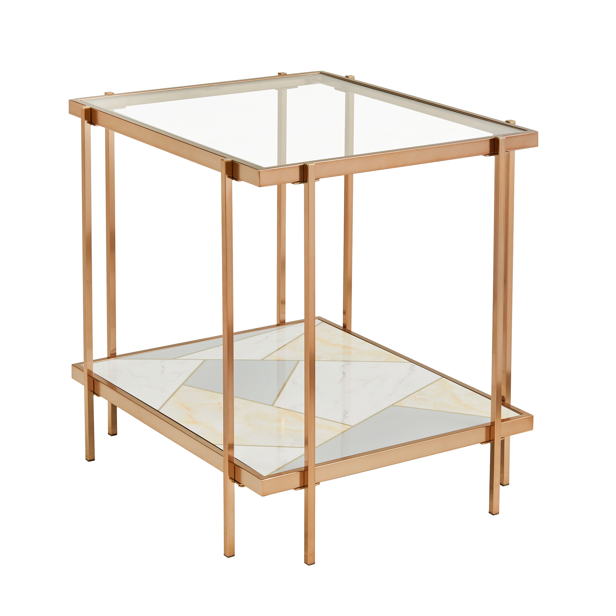 Weston Home Neponsit Metal and Glass End Table with Geometric Marble Pattern Bottom, Champagne Gold