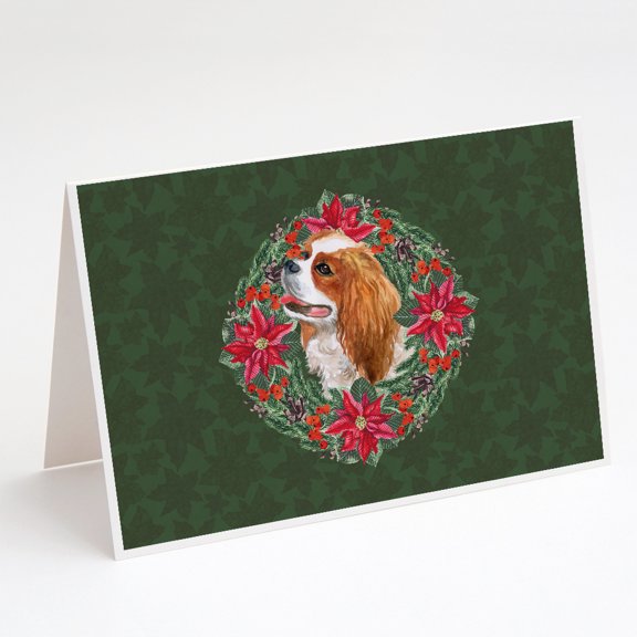 Cavalier Spaniel Poinsetta Wreath Greeting Cards and Envelopes Pack of 8