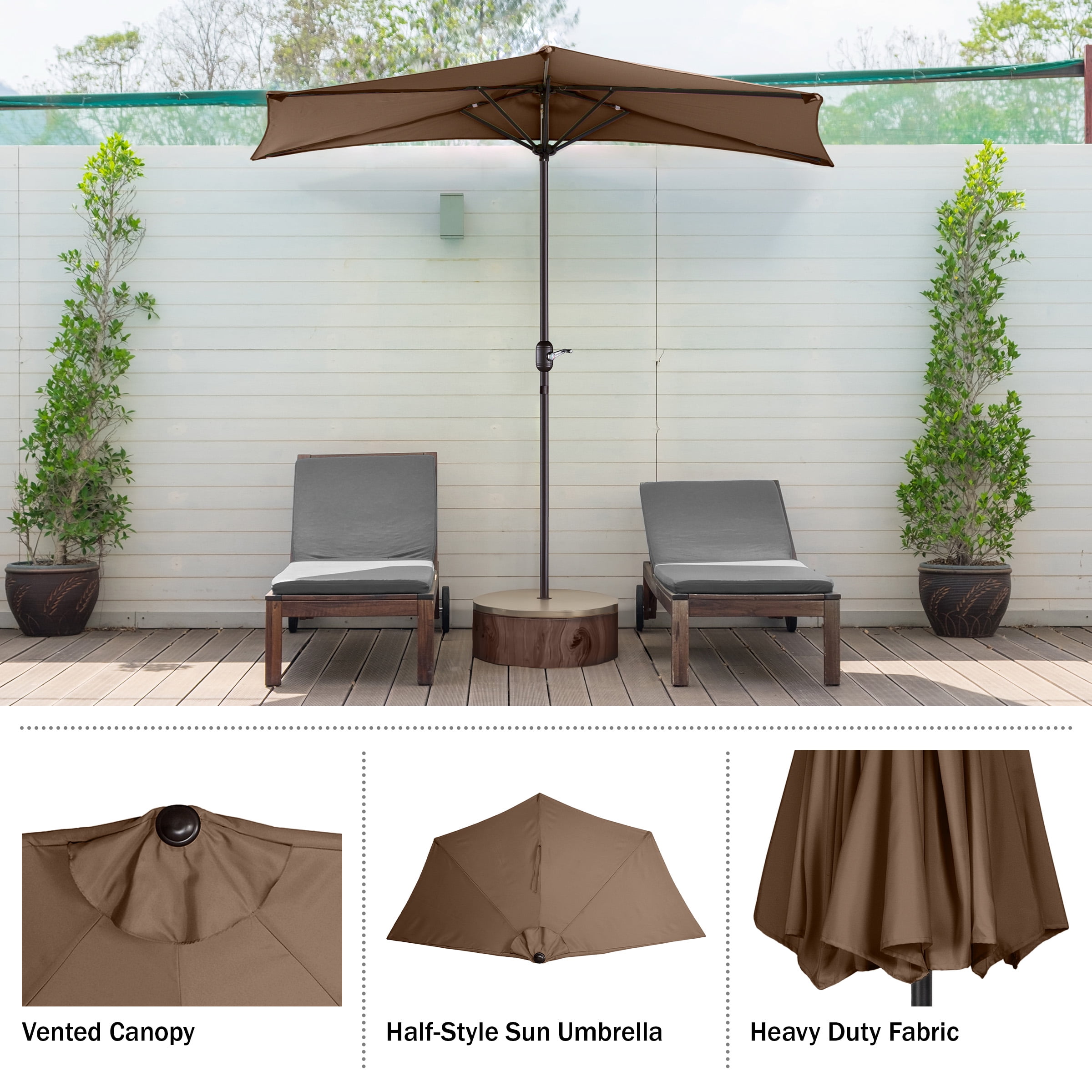 Villacera 9FT Outdoor Half Patio Umbrella - Balcony Furniture, Brown