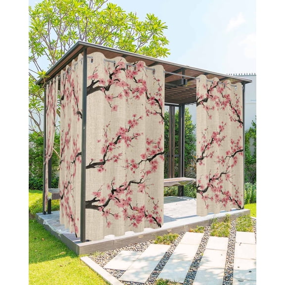 Spring Cherry Blossoms Outdoor Curtains for Patio, Pink Flower Branch Vintage Linen Waterproof Weatherproof Outside Privacy Curtains Outdoor Drapes for Porch Pergola Gazebo 54x84 Inch, 2 Panel