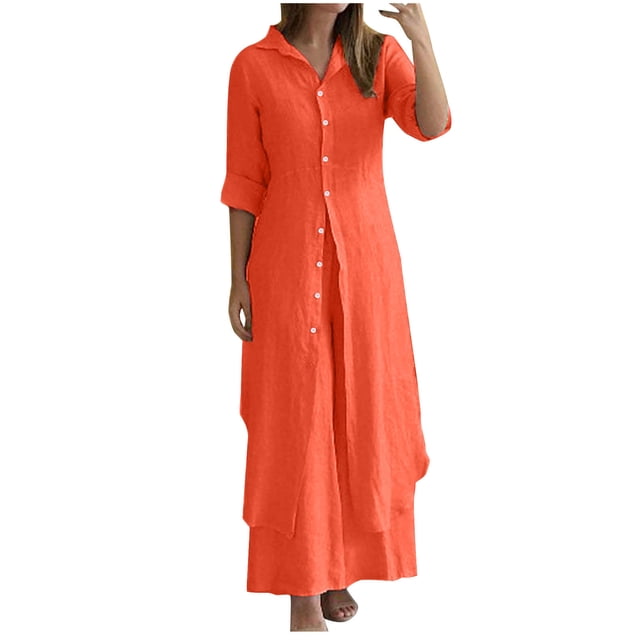 Timegard Lounge Sets for Women 2 Piece Plus Size Button up Slim Long Shirts Wide Leg Pants Trend Outfits