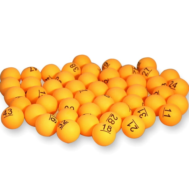 50 pelotas de ping pong numeradas del 1 al 50 - Juego completo en caja de cartón - Ideal para rifas y juegos de bingo - Color amarillo brillante - Material ABS resistente - Incluye 50 unidades de 40mm