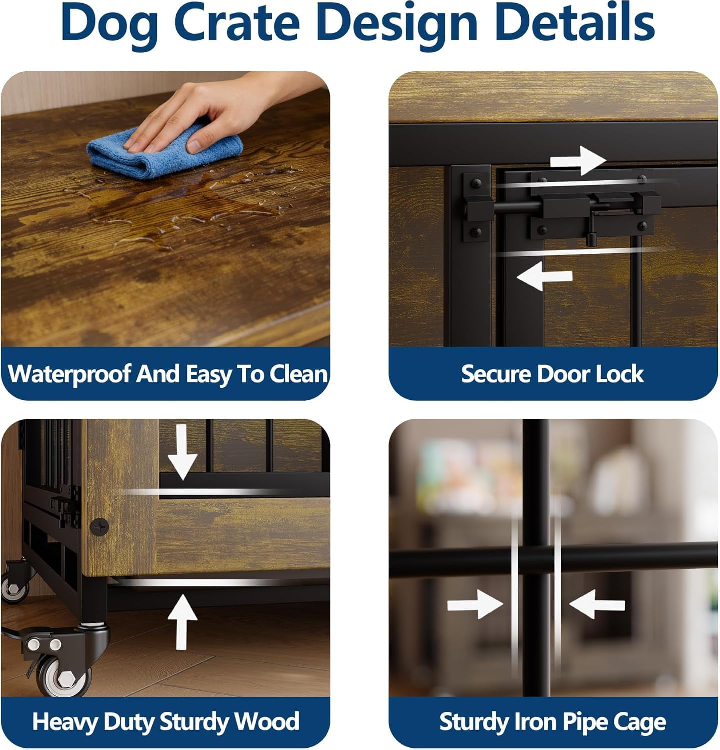 Home Indoor 38.6 Inch Wooden Pet Dog Crate Furniture, Three-Door Design with Wheels, Kennel and Side Table, Includes Removable Tray, Suitable for Small to Medium Dogs, Easy to Clean