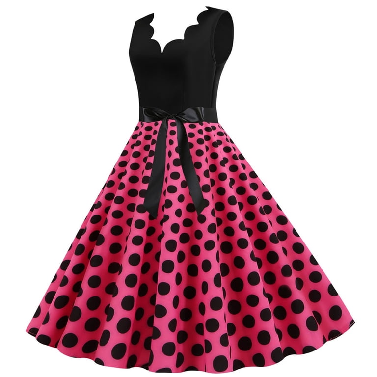 Easter Dresses for Women Polka Dot Dress Ruffle V Neck Sleeveless Retro A  Line Birthday Party Prom Dress Casual Cute Summer Clothes with Belt - Hot  Pink Size L - Walmart.com