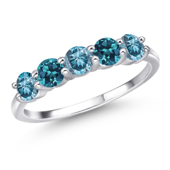 Gem Stone King 925 Sterling Silver Blue Lab Grown Diamond and London Blue Topaz Wedding-Bands Ring for Women | 1.47 Cttw | Round 4MM | Gemstone April Birthstone | Size 5