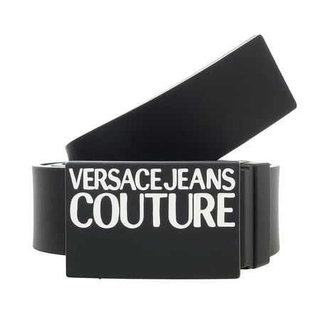 Versace Jeans Couture Black/White Leather Signature Print Plate Buckle-Adjustable Reversible Belt for Mens