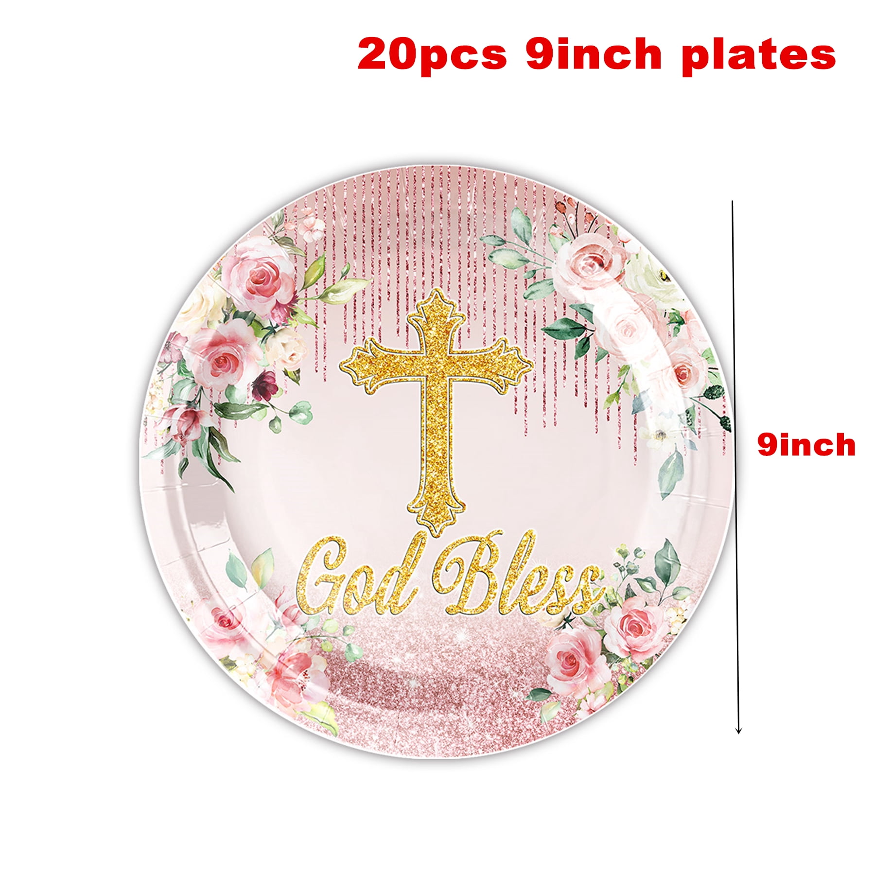 161 Pcs Pink God Bless Tableware Set, Baptism First Holy Communion Party Decorations Supplies for Newborn Baby Shower, Baptism Church Cross White Floral, Serves 20 Guests