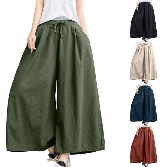 Zulora Women's Spring Summer Solid Color High Waist Elastic Waistband Wide Leg Cropped Trousers