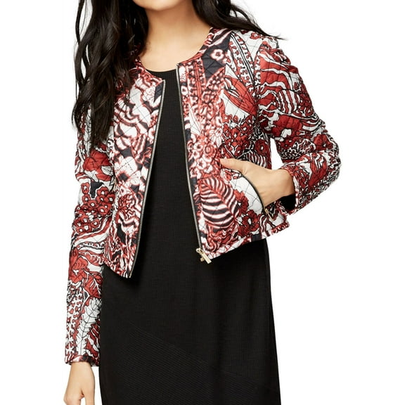 Rachel Roy Womens Printed Quilted Cropped Jacket, White, 6