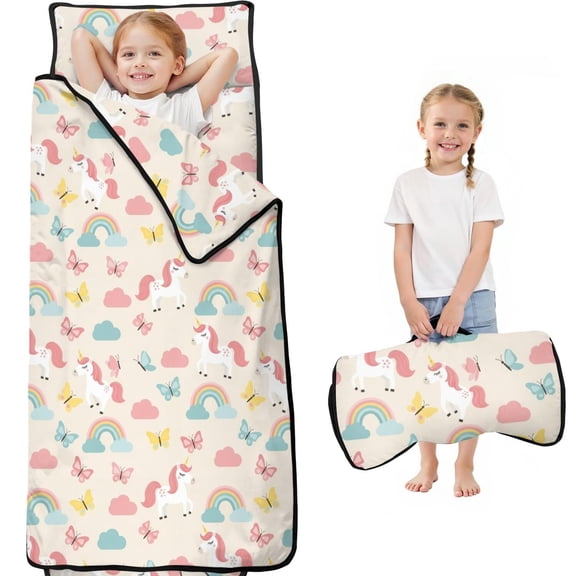 Unicorn and Butterfly Beige Pattern Teens Toddler Nap Mat with Pillow, Sleeping Mat Bag for Preschool Daycare 59"x22"