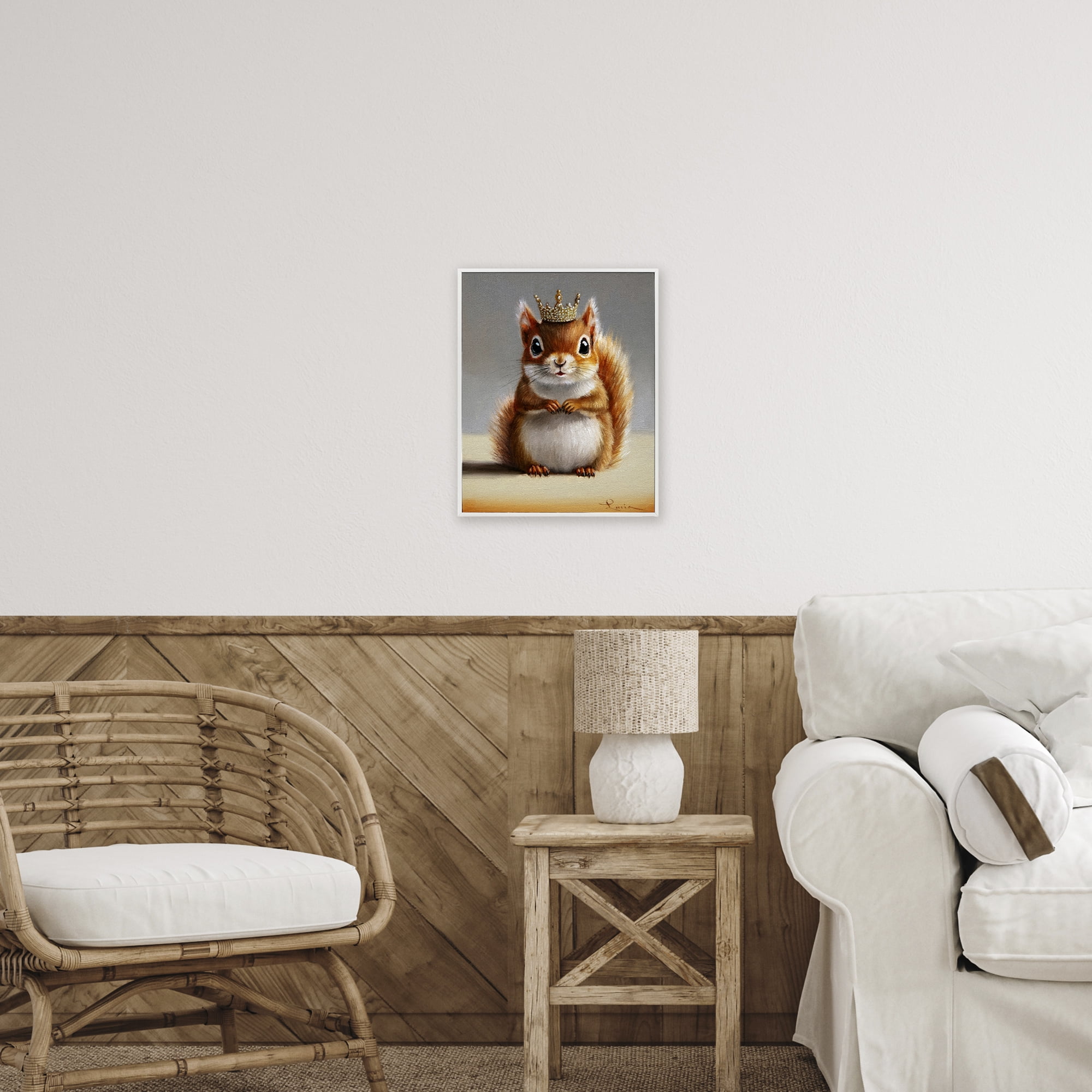 Fancy Crowned Squirrel White Framed Giclee Art, design by Lucia Heffernan
