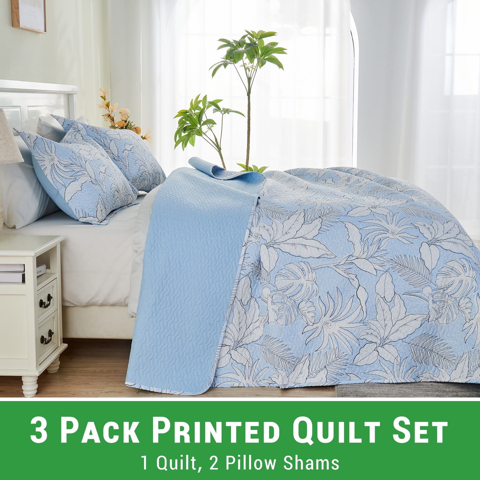 Gogreen Luxury Printed Quilt Set Queen Size, Lightweight Comforter Set, Oversized Bedspread Coverlet Quilted Bedding Set, with 2 Matching Pillowcases, for All Season