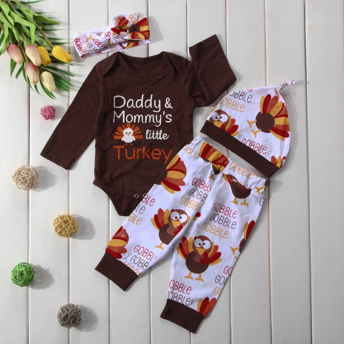 Baby Boy Girl Thanksgiving Outfit Letters Print Bodysuit+Turkey Pants and  Hat Headband Clothes Set