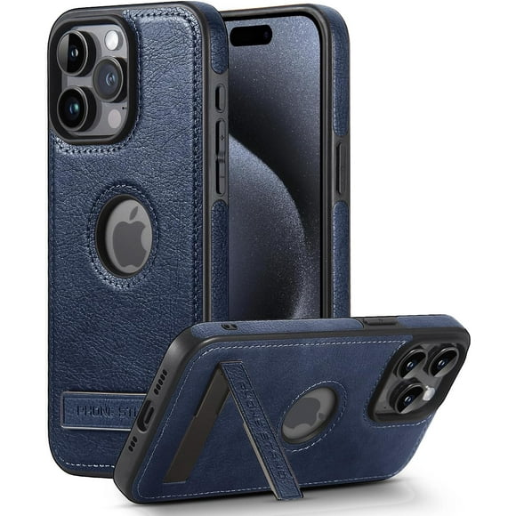 TEMOGU-for iPhone 15 Pro Case with Stand, Metal Kickstand, Premium Leather TPU Hybrid Case Cover for iPhone 15 Pro,Blue