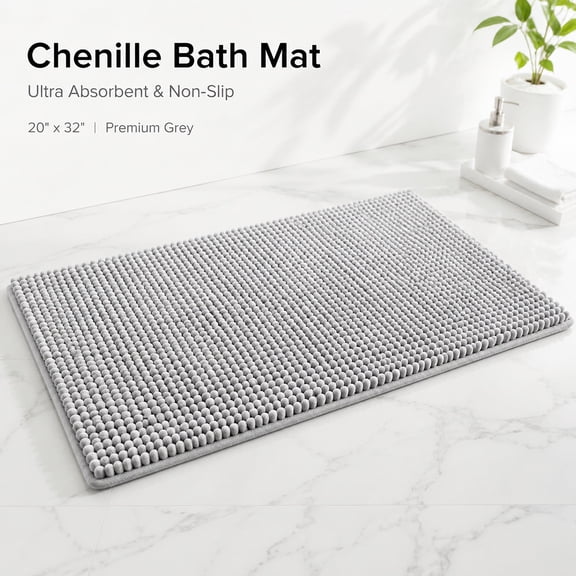 Generic Chenille Bath Rug, 30" x 20" Extra Soft Absorbent Bathroom Floor Rug with Non-Slip Rubber Backing, Machine Washable for Shower, Tub and Bathroom, Grey