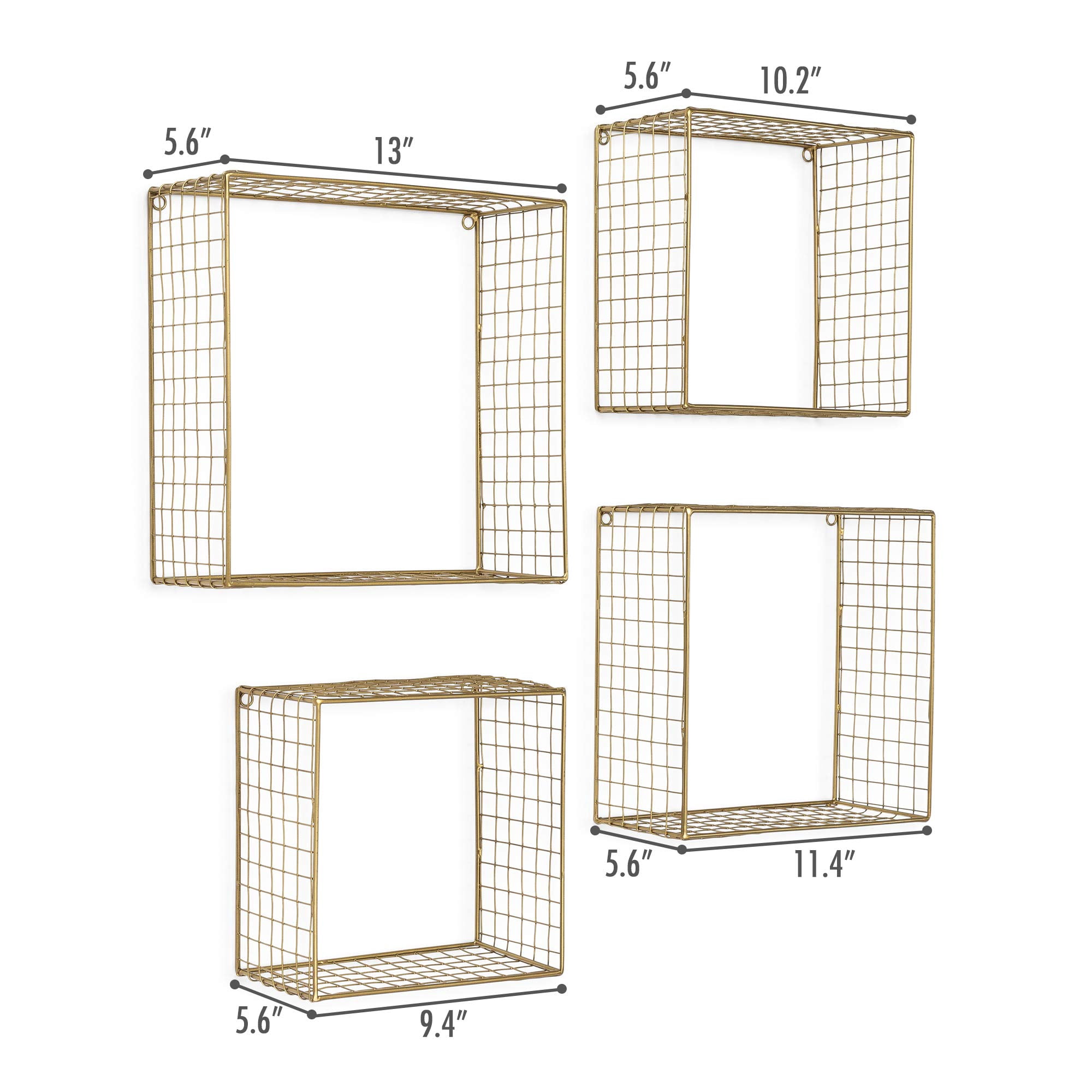 Set of 4 Metal Gold Wall Shelves, Decorative Wire Large Square Shelf, Free Floating Mesh Shelves, Industrial Style Deep Shelving, 14, 12, 11, 9 Inch Long