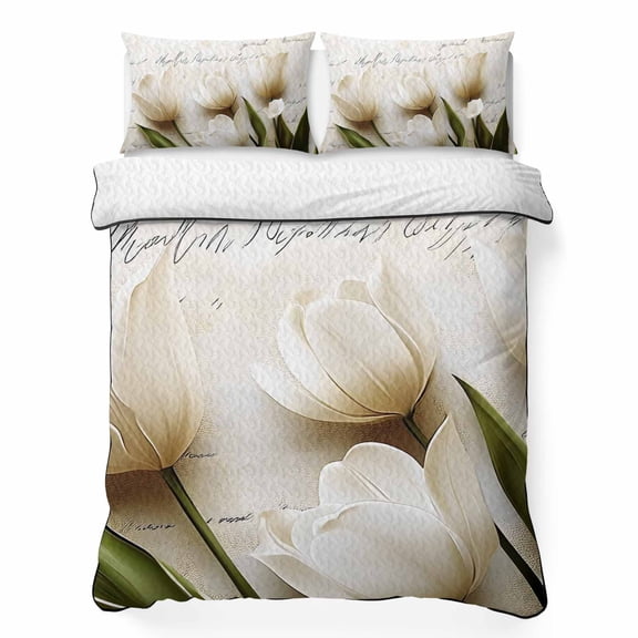 Magnolia Floral 3 Piece Quilt Bedding Set with 2 Pillow Shams, White Tulip Lightweight Bedspread Coverlet, Soft Breathable All Season Quilt, 79 x 90 Inch