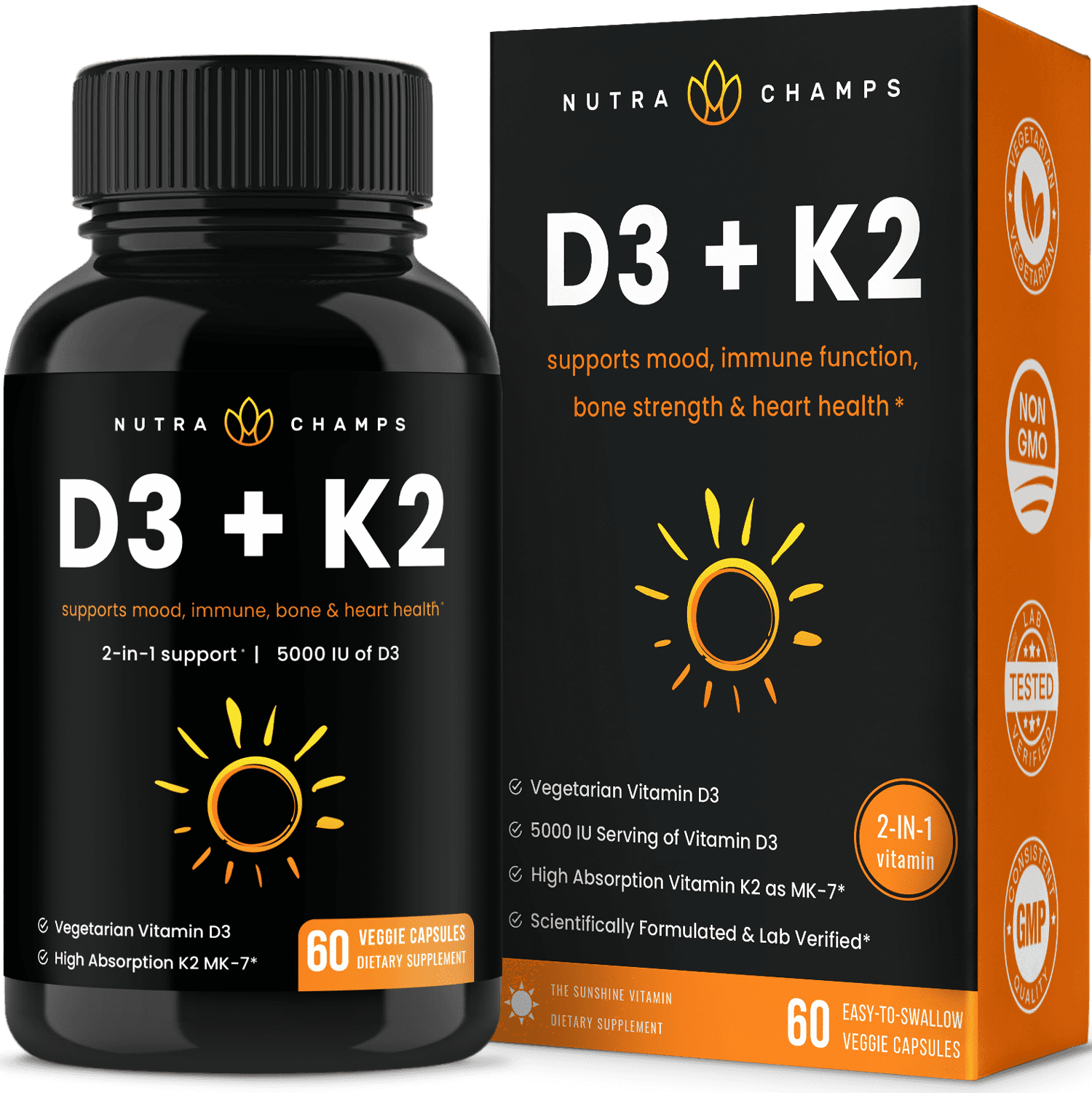 NutraChamps D3 with K2 MK7 Supplement for Heart & Bone Health | Vitamin D & K Complex | 5000 IU of Vitamin D 3 & 100 mcg of Vitamin K 2 MK-7 | 60 Vitamin K2 D3 Capsules