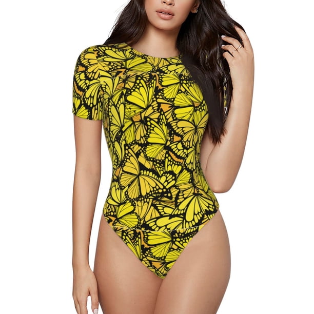 Balery Yellow Butterflies Body de cuello redondo de manga corta para mujer Tops de manga corta Tops básicos-X-Large