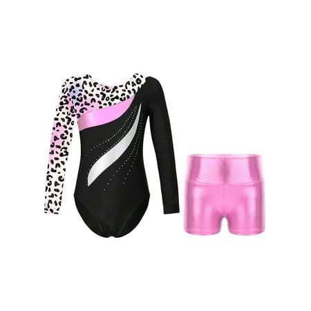 Alvivi Girl Long Sleeve Leotard for Dance Gymnastics Ballet One Piece Unitard with Sparkly Shorts 14