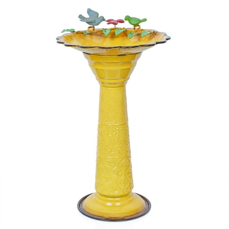 Yellow Metal Birdbath with Birds and Leaves