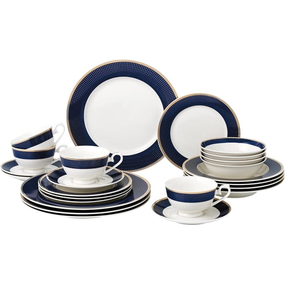 24 Piece Dinnerware Set-Bone China - Elegant Navy and Gold Design, Lightweight Yet Durable, Service for 4 people