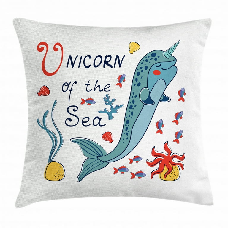 Narwhal Throw Pillow Cushion Cover, Colorful Narwhal Swimming with