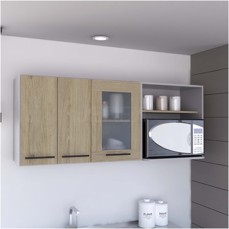 JERFIT Wall Cabinet with Glass Doors Beige Display Cabinet for Kitchen Bathroom or Living Room Wall Mounted Storage Rack Made of Engineered Wood