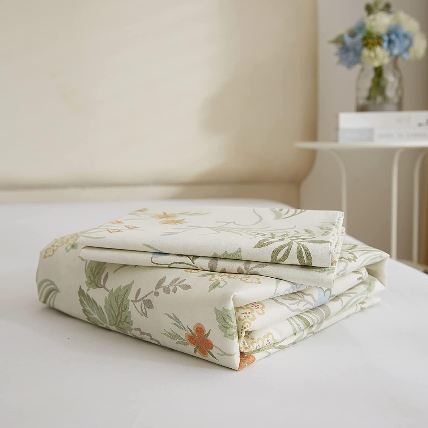 Spring Summer Garden Style Chic Botanical Flower Pattern Floral White and Green Leaves Reversible Duvet Cover,Full Size