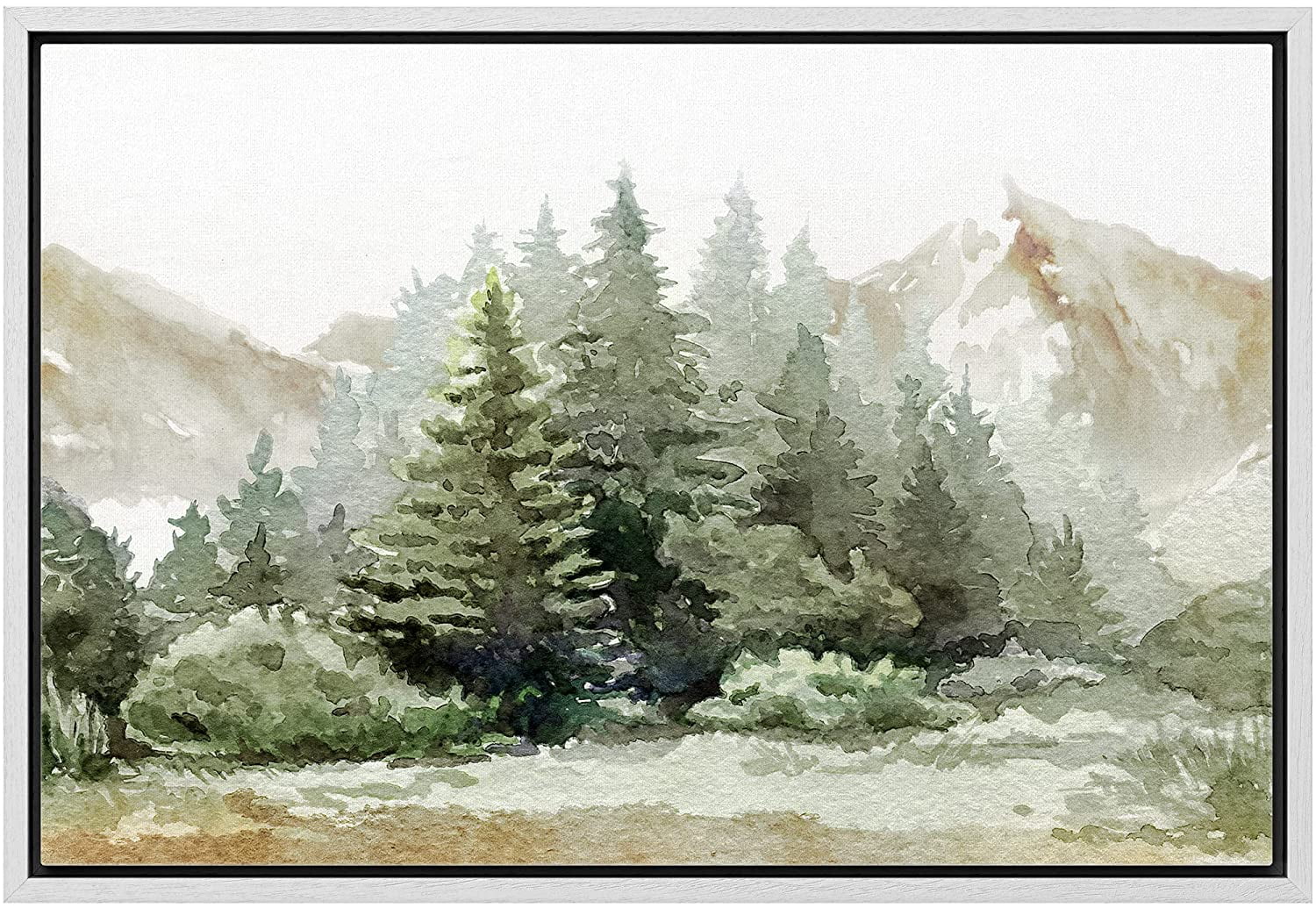 wall26 Framed Canvas Print Wall Art Watercolor Mountain Range and Pine ...