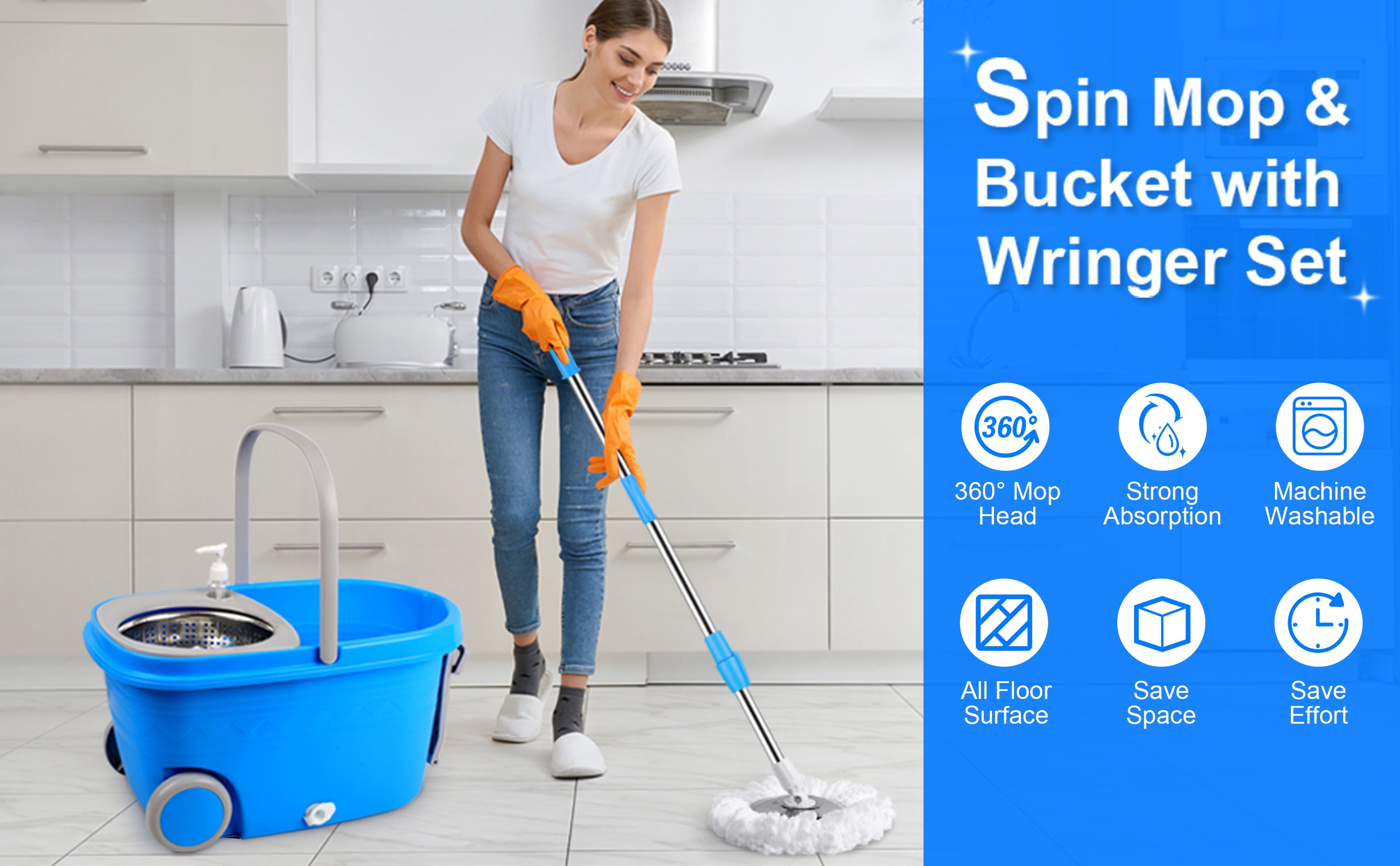 PULNDA Spin Mop & Bucket System, Mop and Bucket with Wringer Set, Easy  Wring Mop Bucket on Wheels, 360 Degrees Stainless Steel Spin Mop with Extra