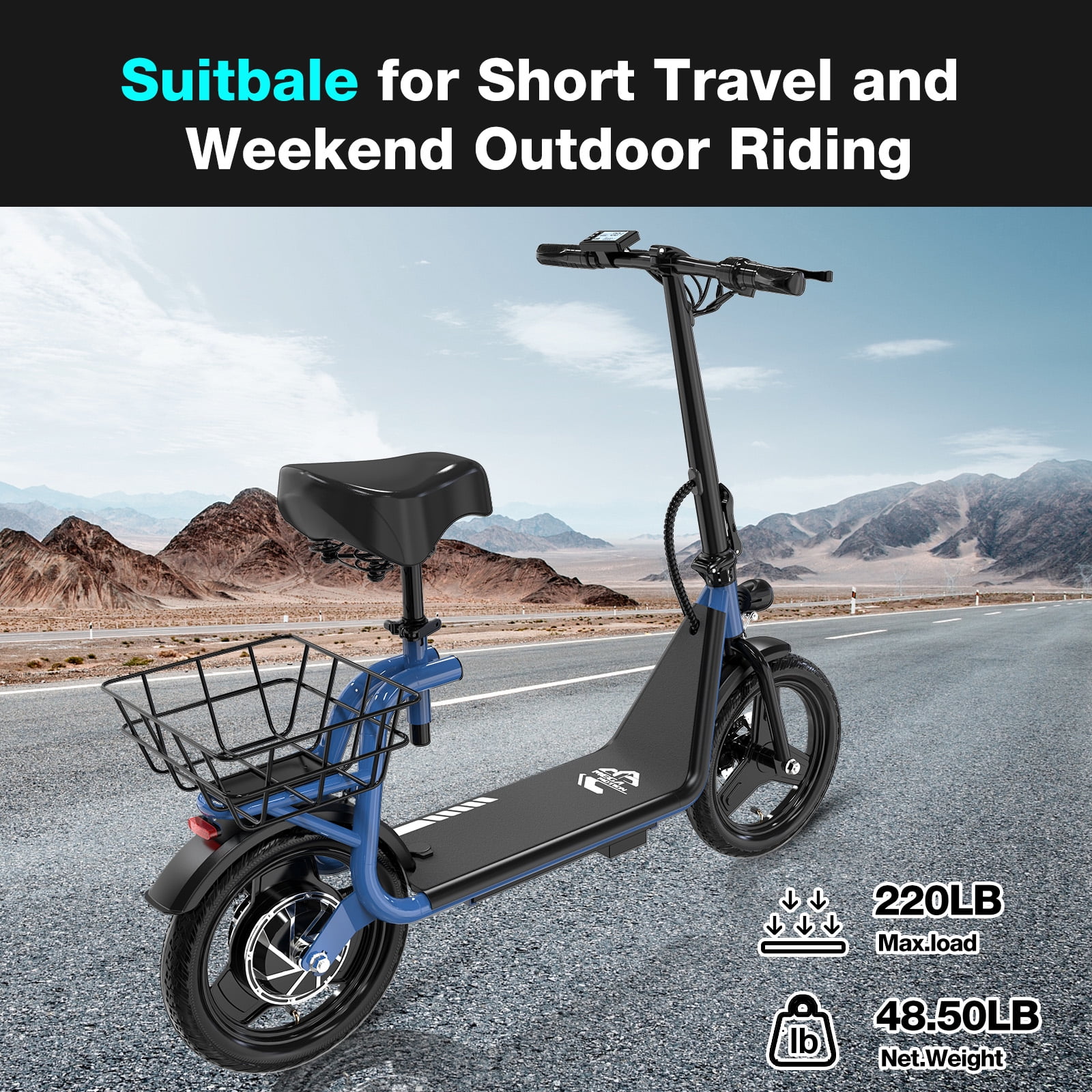 MEGA MOTION Electric Scooter Ebike, 400W Foldable Scooter with Seat 18.6MPH/7.8Ah battery, 14in Adult Electric Bicycle e scooter HS5