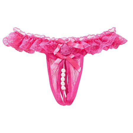 Womens Thong Underwear Sexy Micro Underpant Hot Pink Lace Thongs Pearl Thong XL
