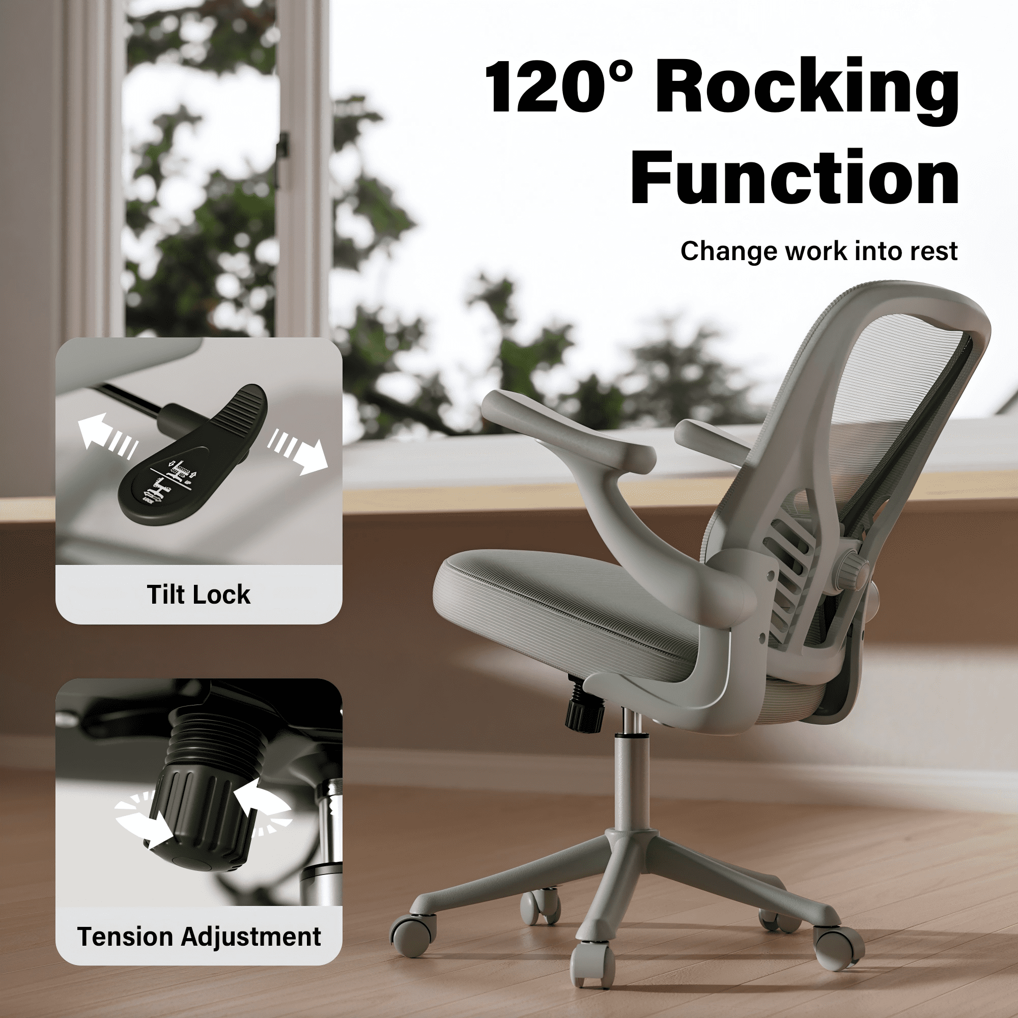 HomeZeer Mesh Office Chair, 300LBS Middle Back Ergomomic Office Chair with 3D Armrests, Computer Desk Chair with Adjustable Lumbar Support, Wide Seat Swivel Home Office Chair, Gray